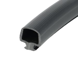 Close-up of a black ribbed rubber tube, showing parallel grooves along its length and a hollow circular opening at the end.