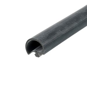 Close-up of a black cylindrical pipe with a hollow end, viewed diagonally.