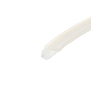 Close-up of a white kitchen knife extending diagonally across a white background.