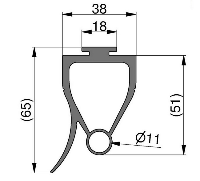 59-055a - Centrum uszczelek Dimensioned drawing of a clip/retainer with a bottom bore Ø11, overall height 65, top width 38, inner slot width 18.