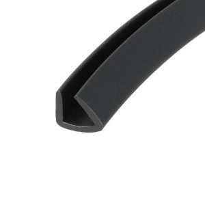 Close-up of a black metal tubular channel with a rounded corner, viewed diagonally across a white background.