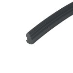 Close-up of a black ribbed rubber seal or gasket placed diagonally across a white background.