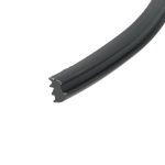 Close-up of a black bicycle tire edge with visible wear marks against a white background