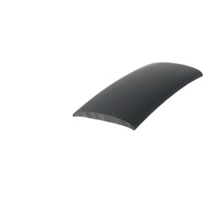 Close-up of a dark curved blade edge against a white background.