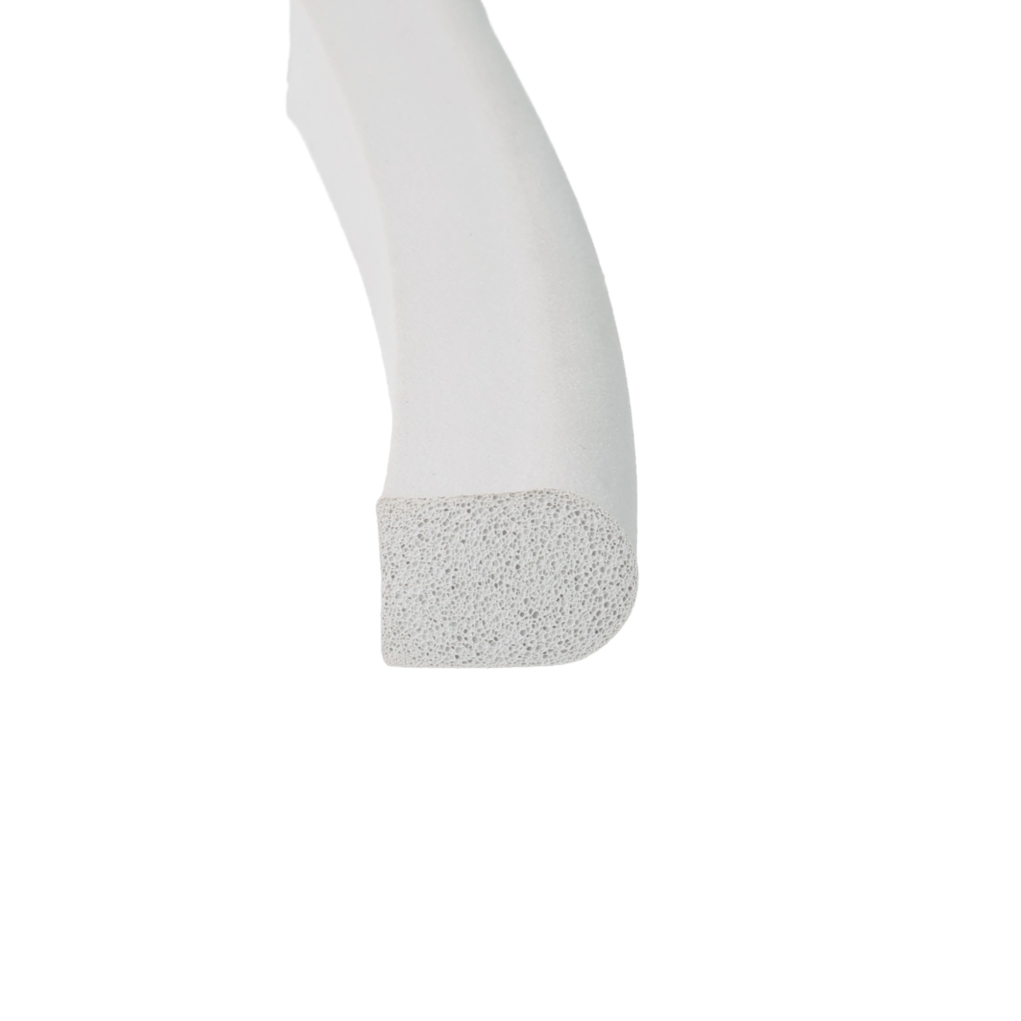 uszczelka-bez-kleju-guma-porowata-kopulka-12-x-17mm-szara-68-750-1 - Centrum uszczelek Close-up of a white curved foam object with a porous textured end against a white background, seen from the side.