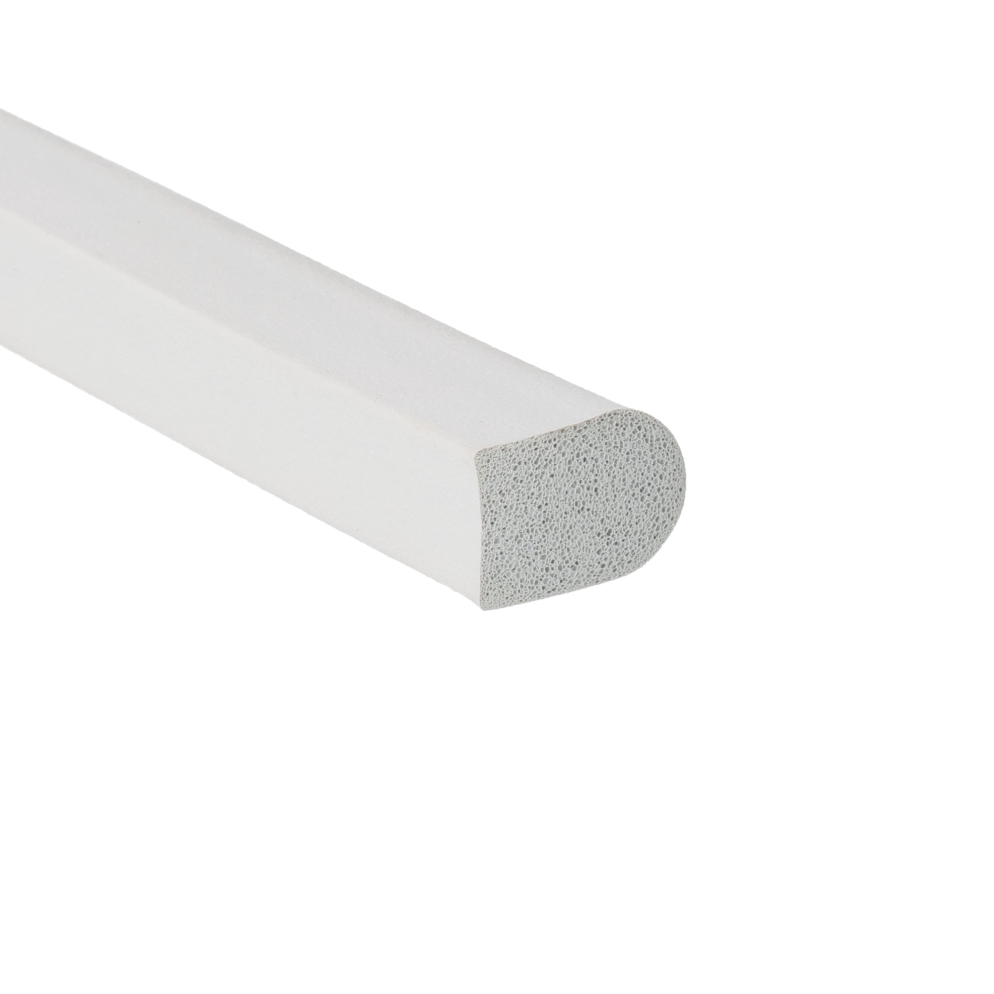 uszczelka-bez-kleju-guma-porowata-kopulka-12-x-17mm-szara-68-750-3 - Centrum uszczelek Close-up of a white adhesive tape strip with a gray porous core showing at the edge.