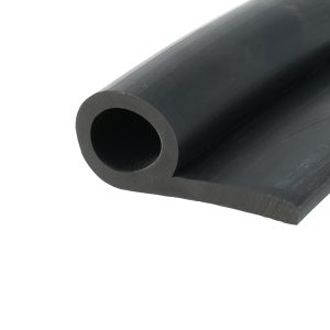 Close-up of a hollow black rubber/foam tube with a circular cross-section visible at the cut end