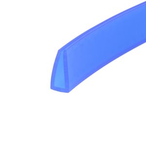 Close-up of a vivid blue plastic curved edge on a white background.