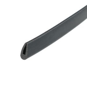 Close-up of a dark gray metal bar with a rounded end and a U-shaped notch at the tip, viewed diagonally across a white background.