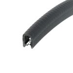 Close-up of a black ribbed rubber tube with the end cut open, showing the inner lining and metal reinforcement.