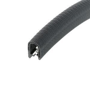 Close-up of a black ribbed rubber tube with the end cut open, showing the inner lining and metal reinforcement.