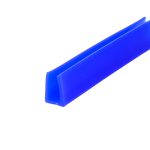 Close-up of a bright blue plastic ruler edge against a white background, diagonal across the frame.