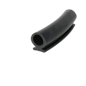 Close-up of a black plastic hollow tube with a curved body and circular opening facing the camera.