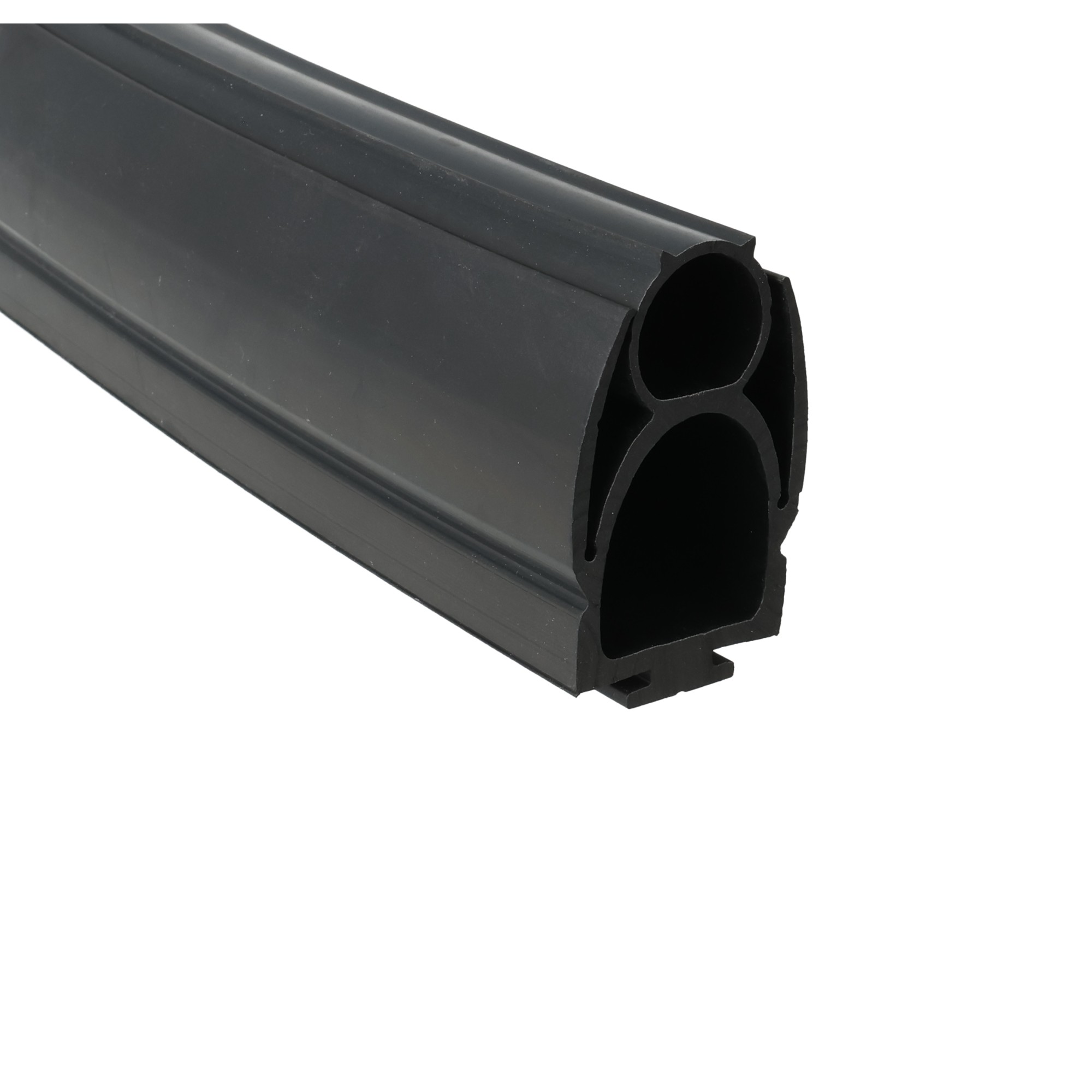 uszczelka-bramy-garazowej-dolna-gumowa-18-x-36-x-60mm-czarna-59-5104-2 - Centrum uszczelek Close-up of a black rubber extrusion with three circular hollow channels, shown in cross-section.