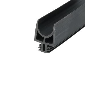 Close-up of a black U-shaped plastic rail with an internal channel and rounded edges viewed diagonally from the side.