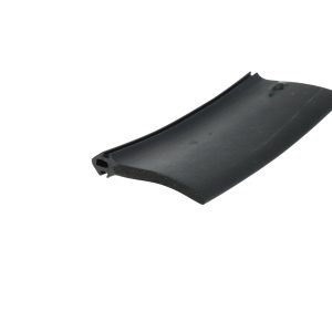 Close-up of a curved black rubber extrusion with a hollow cross-section and a rounded edge.