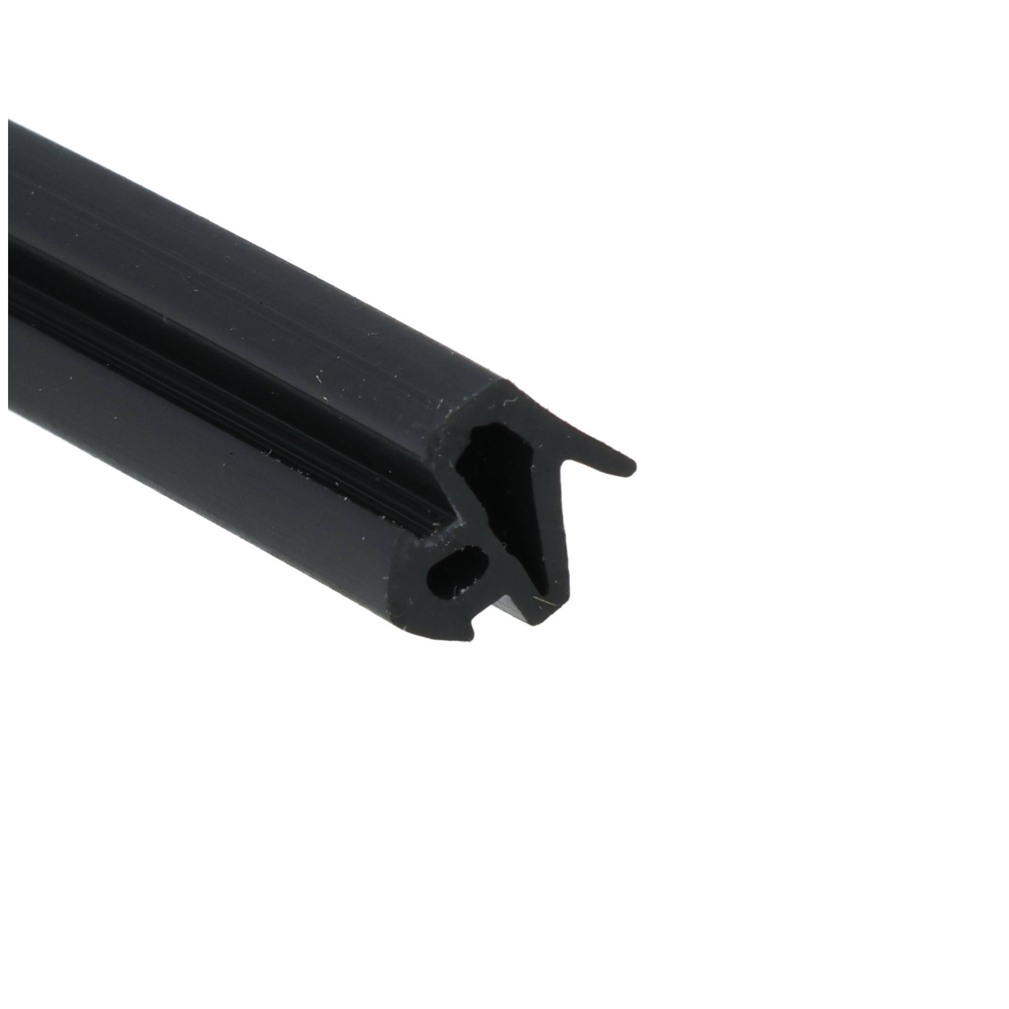uszczelka-do-okien-pcv-typu-salamander-s-1251-gumowa-czarna-04-805-2 - Centrum uszczelek Close-up of a black plastic item with a curved end and holes, photographed at an angle against a white background.