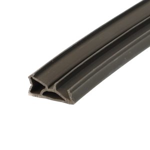 Close-up of a black rubber weatherstripping seal with a hollow channel, shown diagonally across the frame edge.