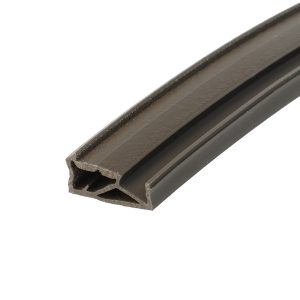 Close-up of a grey U-shaped plastic/metal extrusion with hollow interior, diagonally oriented against a white background.