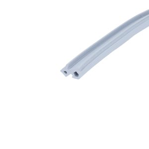 Close-up of a light gray metal rail with slots and holes, oriented diagonally on a white background.