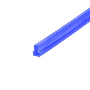 Blue wooden pencil lying diagonally across a white background, tip toward the left side of the frame.