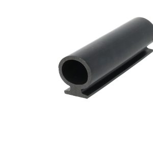 Close-up of a black hollow cylindrical tube with a notched edge, set against a white background, viewed diagonally.