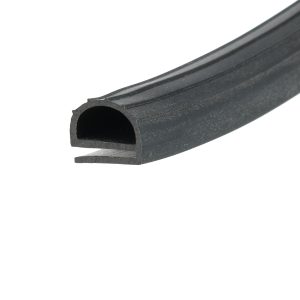 Close-up of a black metal tube with a circular hollow end, diagonally oriented across a white background.