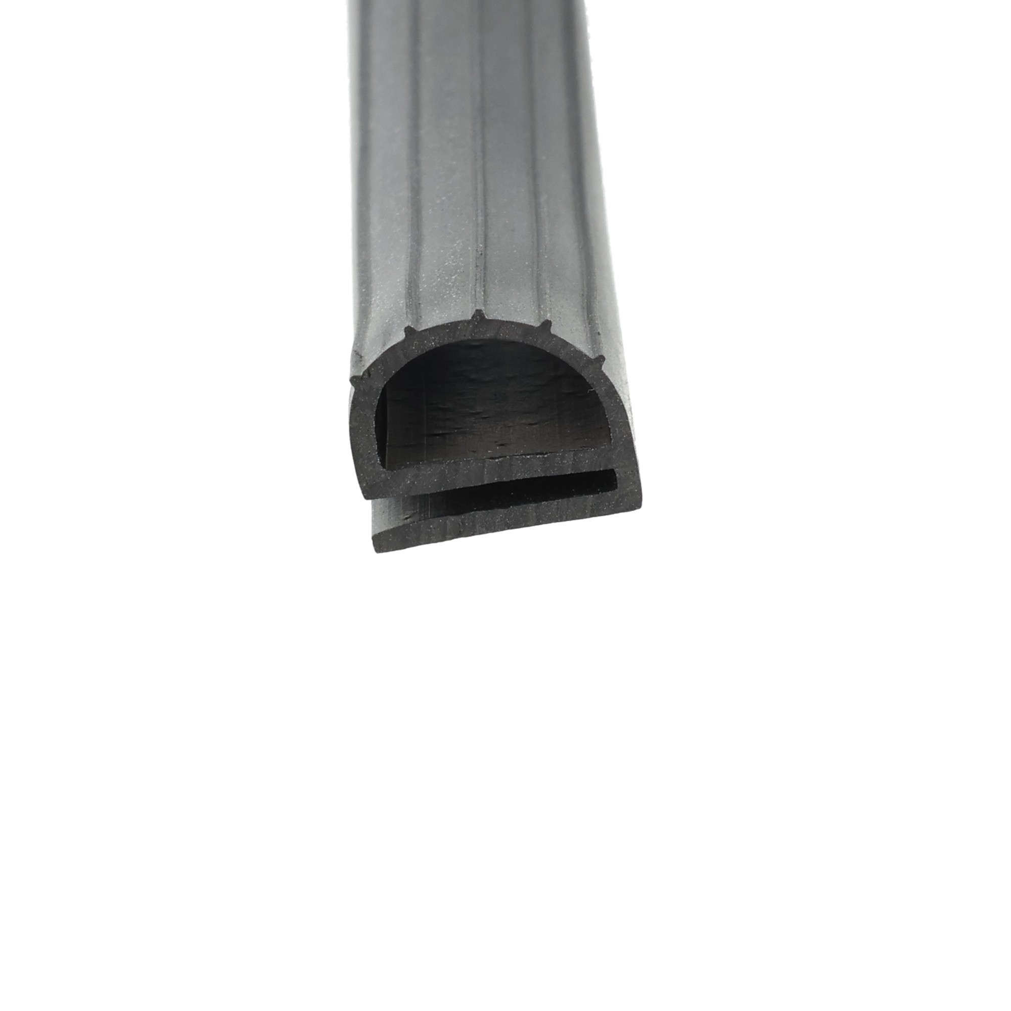 uszczelka-gumowa-typ-e-105x12x1-mm-0621014-3 - Centrum uszczelek Close-up of a gray ribbed cylindrical tube seen from one end, with a hollow interior.