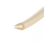 Abstract beige curved ribbon across a white background, part of a minimal decorative design.