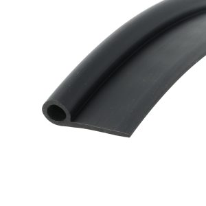 Close-up of a black cylindrical rubber tube with a hollow center on a white background.