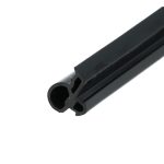 Close-up of a black pistol slide with the ejection port and rails visible on a white background.