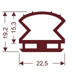 Technical silhouette of a stylized badge with a serrated top, two window-like cutouts at the base, and dimension arrows indicating 22.5 units wide and 19.2 units tall.