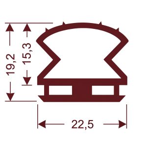Technical silhouette of a stylized badge with a serrated top, two window-like cutouts at the base, and dimension arrows indicating 22.5 units wide and 19.2 units tall.