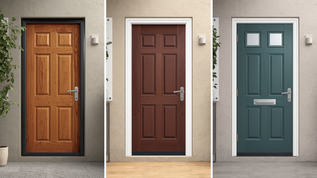 Triptych showing three front doors: left wooden panel door, middle brown door, right teal door with two small windows and a mail slot.