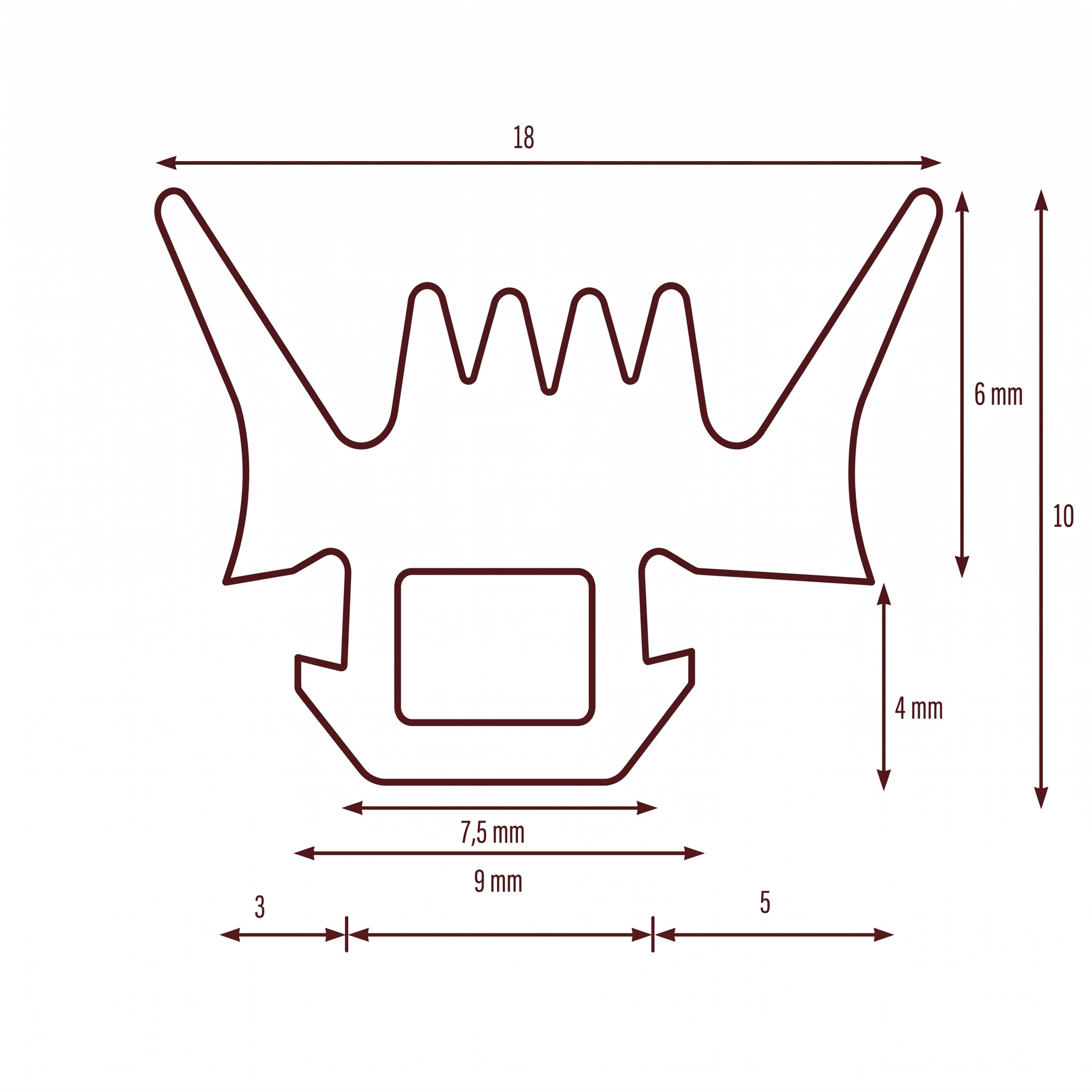 0221753 - Centrum uszczelek Line drawing of a small curved clip-like component with a rectangular center opening and measurement arrows indicating dimensions in millimeters.