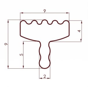 Technical sewing pattern piece with numbered measurement lines and a wavy neckline edge.