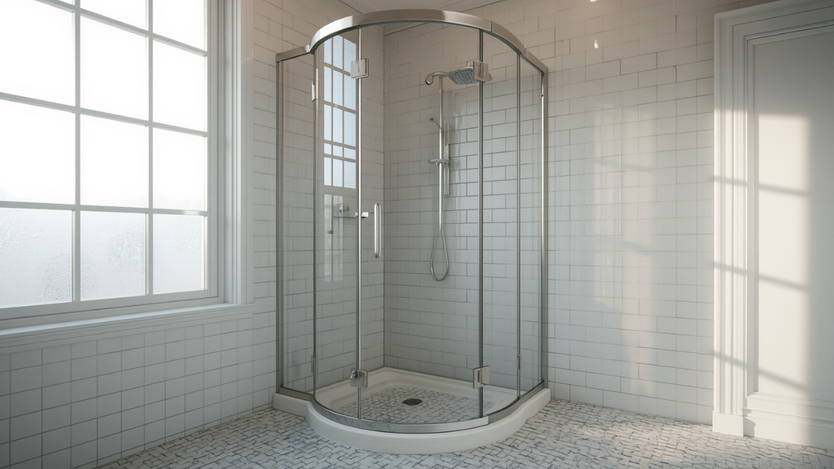 Curved glass shower enclosure with chrome hardware in a bright, tiled bathroom near a large window.