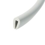 Close-up of a curved light-gray PVC tube with a hollow circular end, viewed from the side against a white background.