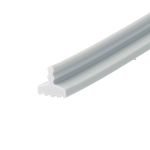 Close-up of a light gray plastic extrusion with a ribbed edge, angled across a white background.