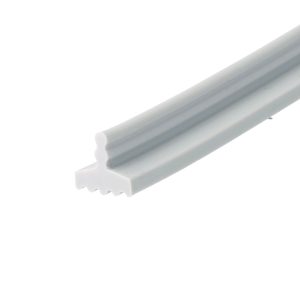 Close-up of a light gray plastic extrusion with a ribbed edge, angled across a white background.