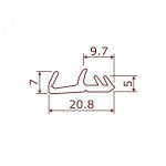 Blueprint-style technical drawing of a board outline with dimensional callouts: width 9.7 and length 20.8 (units shown by arrows).