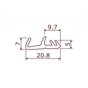 Blueprint-style technical drawing of a board outline with dimensional callouts: width 9.7 and length 20.8 (units shown by arrows).
