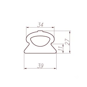 A technical drawing showing a rounded head-like profile inside a rectangular boundary with dimension lines labeled 34, 70, and 39 indicating overall width and height.