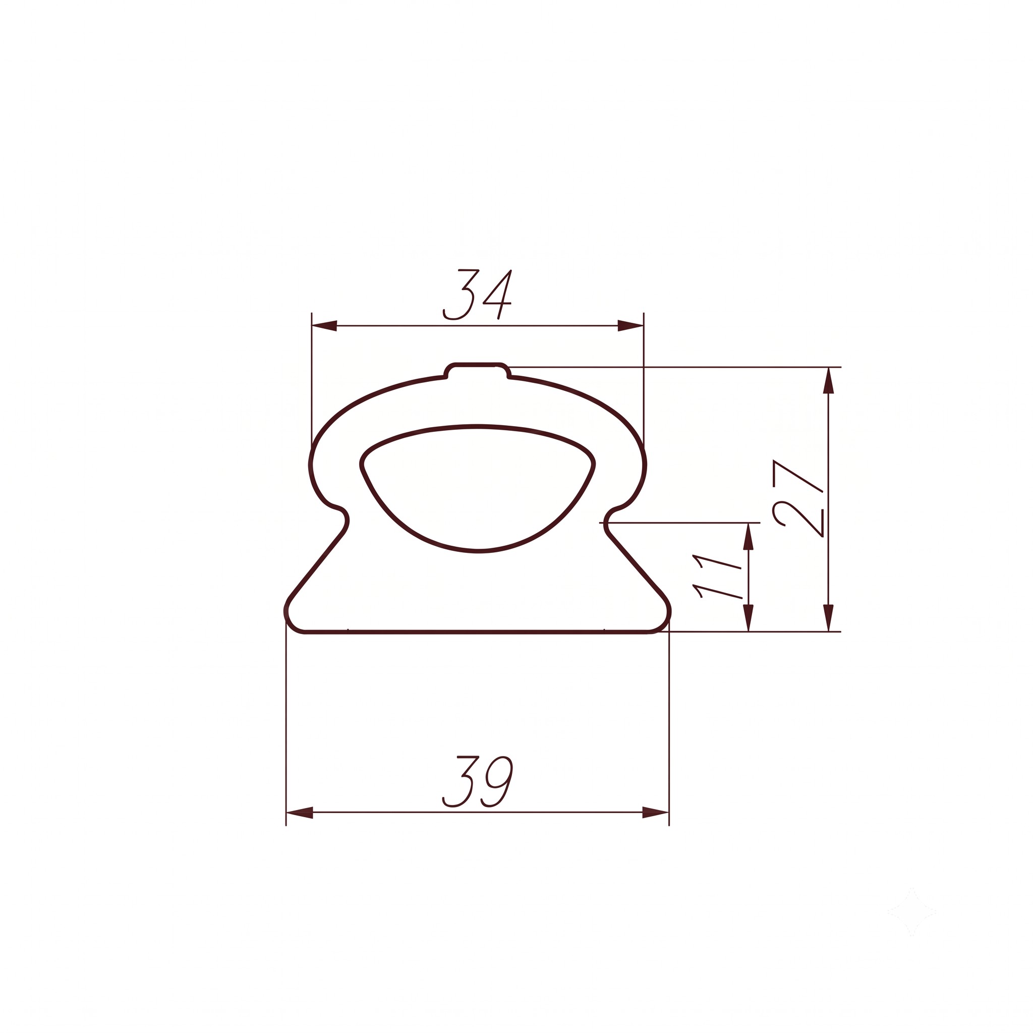 032056 - Centrum uszczelek A technical drawing showing a rounded head-like profile inside a rectangular boundary with dimension lines labeled 34, 70, and 39 indicating overall width and height.