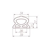 Blueprint-style line drawing of a rounded bear figure inside a rectangle, with dimension arrows and numbers (e.g., 34, 26, 70, 39) indicating overall width and height.