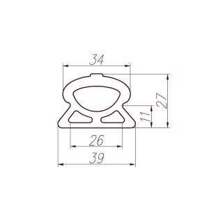 Blueprint-style line drawing of a rounded bear figure inside a rectangle, with dimension arrows and numbers (e.g., 34, 26, 70, 39) indicating overall width and height.