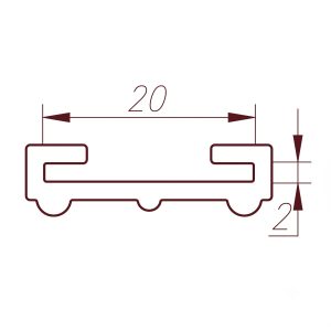 Dimension line showing a 20-unit horizontal distance between two vertical reference marks in a technical drawing.