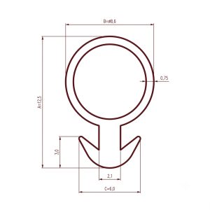 Technical drawing of a mechanical part with two concentric circles and a vertical stem, showing dimension lines and values (Ø8.6, A=12.5, 2.5, 3.0, 2.1, C=6.0).