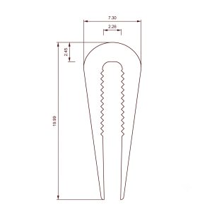 Dimensioned technical drawing of a tall cylindrical component with inner segmented elements and two curved profiles, showing overall width 7.30 and vertical height 19.99 with internal features labeled 2.26 and 2.45.