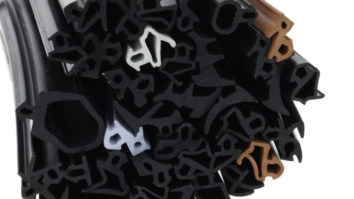 Close-up of a pile of black rubber seal profiles (gaskets) with a few brown and white pieces mixed in.